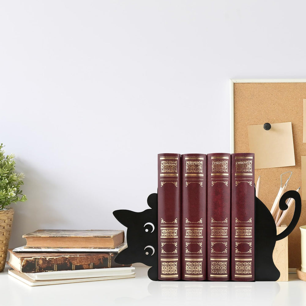 Black Cat Peeking Metal Bookends with Fridge Magnets, 4-Piece Set