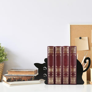 Black Cat Peeking Metal Bookends with Fridge Magnets, 4-Piece Set
