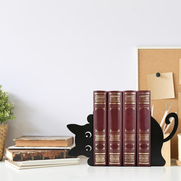 Black Cat Peeking Metal Bookends with Fridge Magnets, 4-Piece Set