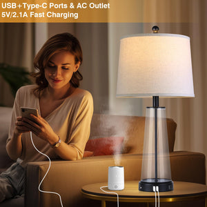 Glass Table Lamp Set of 2 with USB-C, USB-A & AC Outlet, 3-Way Touch Dimmable Bedside Lamp