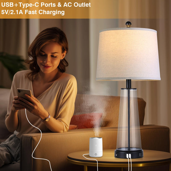 Glass Table Lamp Set of 2 with USB-C, USB-A & AC Outlet, 3-Way Touch Dimmable Bedside Lamp