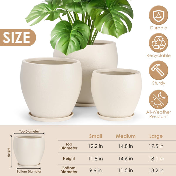 Large Plant Pots Set of 3 with Drainage Holes and Trays