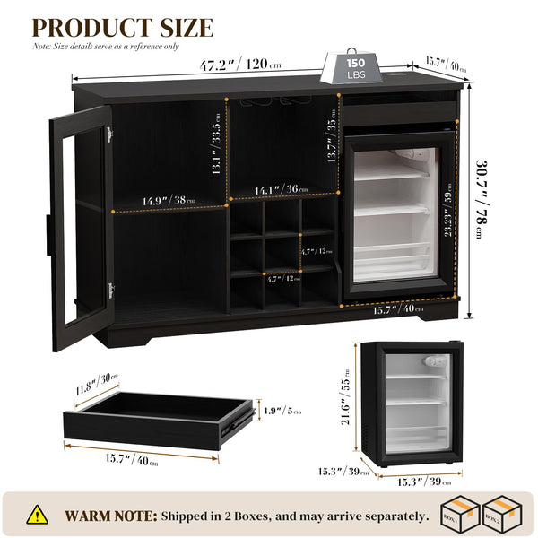 Bar Cabinet with Wine Cooler, LED Lights, Glass Holder & Wine Rack