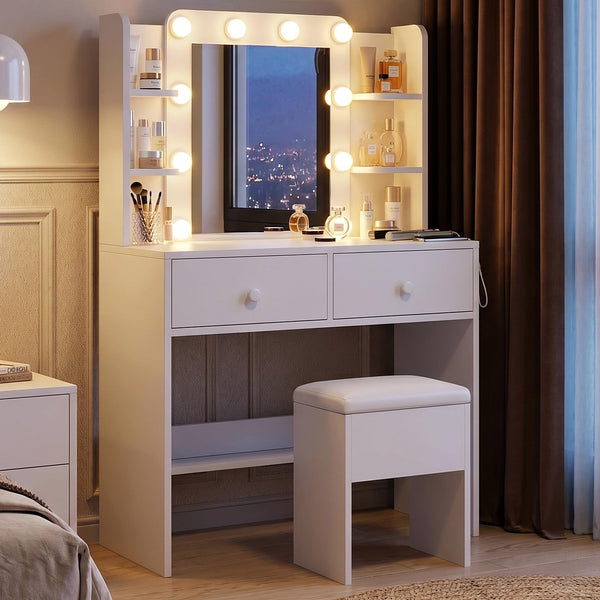 Vanity Desk with LED Mirror & Charging Station