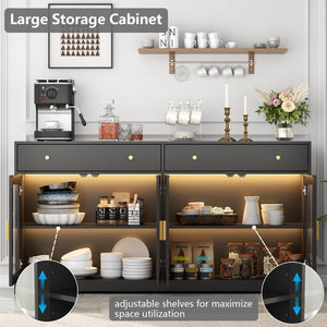 55" Sideboard Buffet Cabinet with LED Lights & Glass Doors
