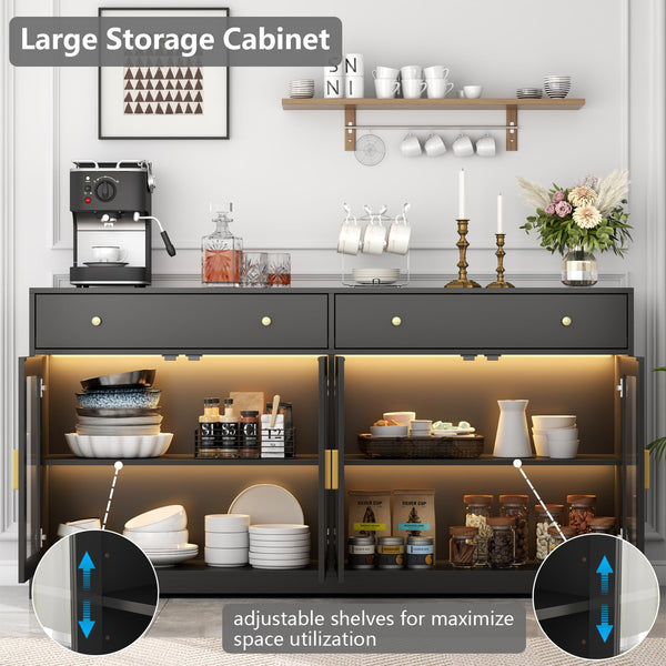 55" Sideboard Buffet Cabinet with LED Lights & Glass Doors