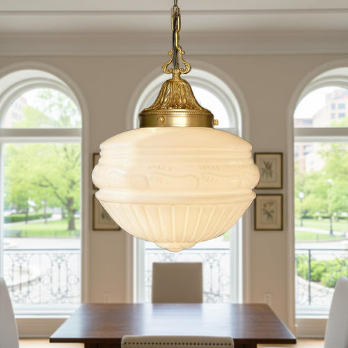 Vintage Milk Glass Pendant Light with Antique Brass Finish – 13.8" Shade, E26