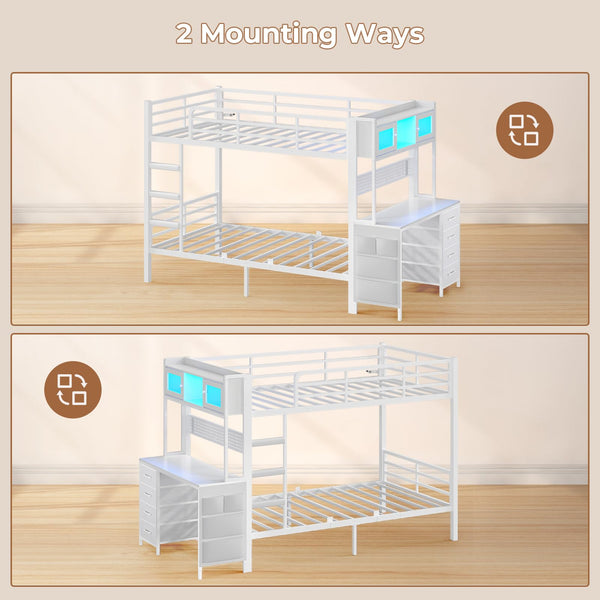 Twin Over Twin Bunk Bed with Desk & LED Light
