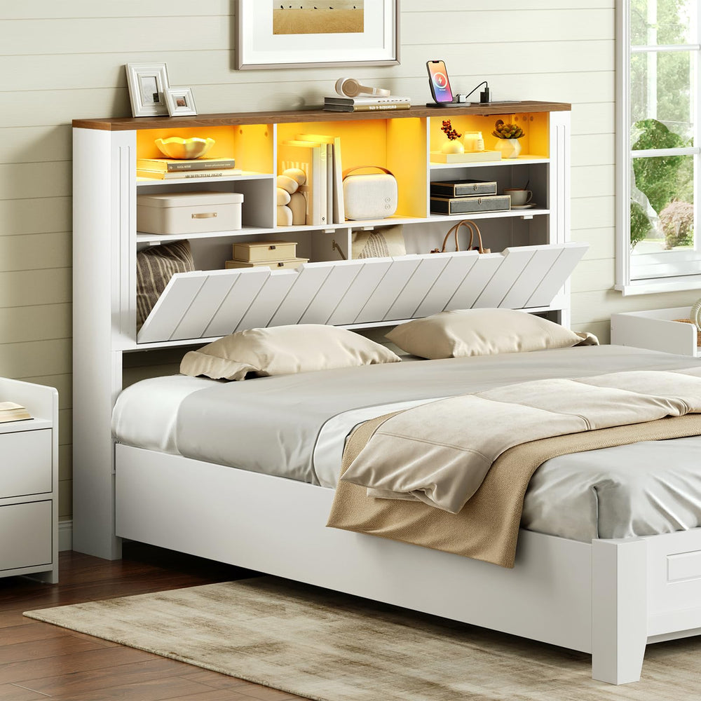 Queen Headboard with Storage, Charging Station & LED Lights