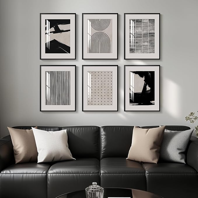 Framed Neutral Abstract Wall Art for Living Room, 4 Piece Modern Black Brown Geometric Canvas Paintings Artwork for Walls-Minimalist Pictures for Hallway Dining Room Bedroom Office Wall Decor