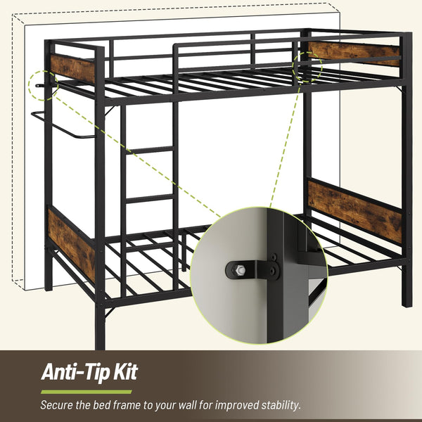 Twin Over Twin Metal Bunk Bed with Clothes Rail & Under-Bed Storage