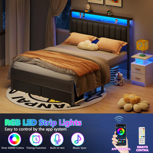 Queen Platform Bed with LED Lights, Charging Station & Storage Drawers