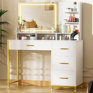 Lighted Makeup Vanity Table with Mirror, 4 Drawers & Storage Shelves