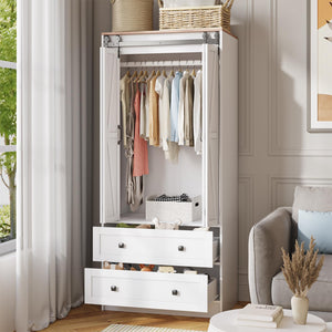 Farmhouse Wardrobe Armoire with Sliding Barn Doors & Drawers