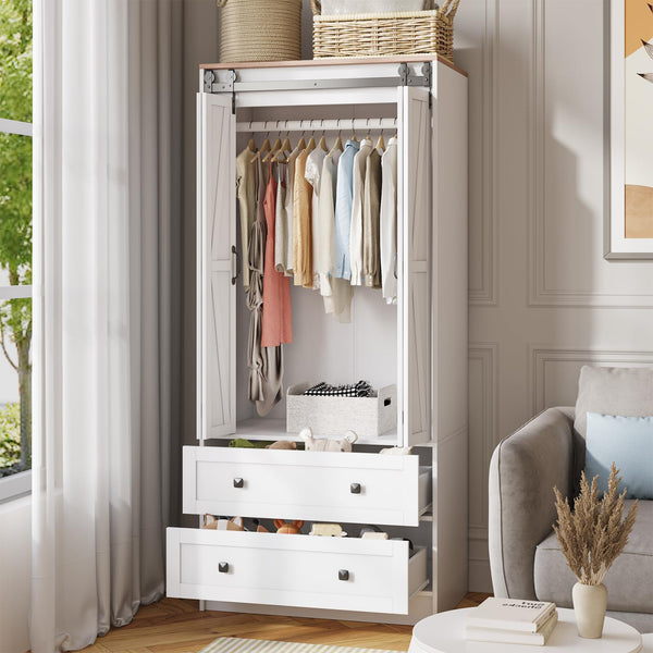 Farmhouse Wardrobe Armoire with Sliding Barn Doors & Drawers
