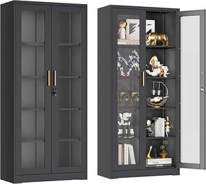Metal Glass Display Cabinet with Lockable Doors & Adjustable Shelves