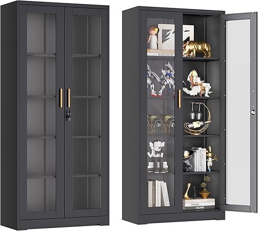 Metal Glass Display Cabinet with Lockable Doors & Adjustable Shelves