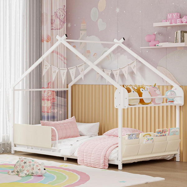 Kids House Bed Frame Twin Size with Storage Rack and Caddy