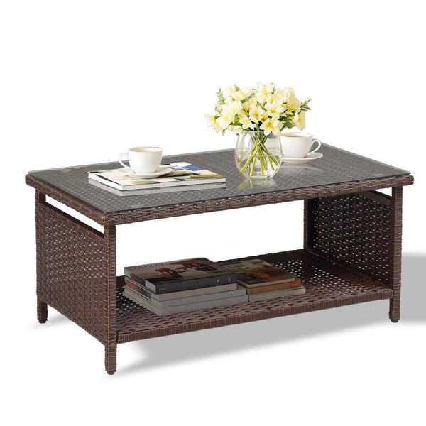Outdoor Wicker Patio Coffee Table with Tempered Glass Top & Storage Shelf