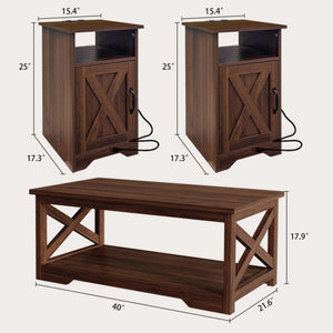 Farmhouse Rustic Coffee & End Table Set of 3 with Charging Station