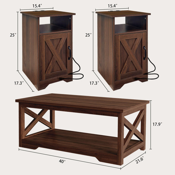 Farmhouse Rustic Coffee & End Table Set of 3 with Charging Station