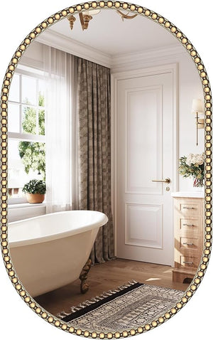 Oval Full Length Wall Mirror with Gold Metal Beaded Frame