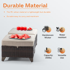 Patio Ottoman Set of 2 – All Weather Outdoor Rattan Footstools with Removable Cushions