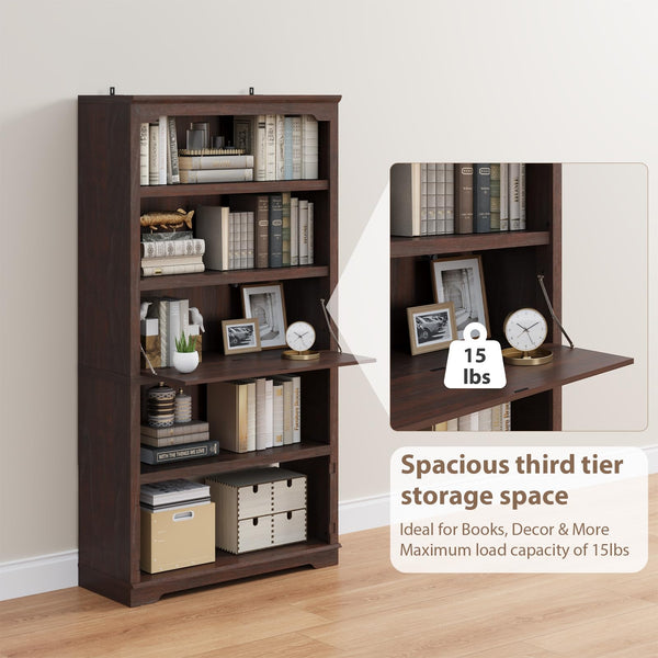 71-Inch 5-Tier Bookcase with Flip-Down Door, 37" Wide Freestanding Wood Bookshelf