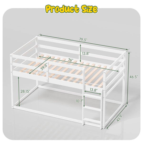 Twin Over Twin Low Bunk Bed with Full Guardrails