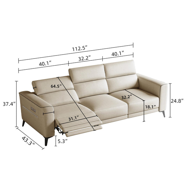 Dual Motor Electric Reclining Sofa with Adjustable Headrest & Footrest – Ivory Leather, USB Charging