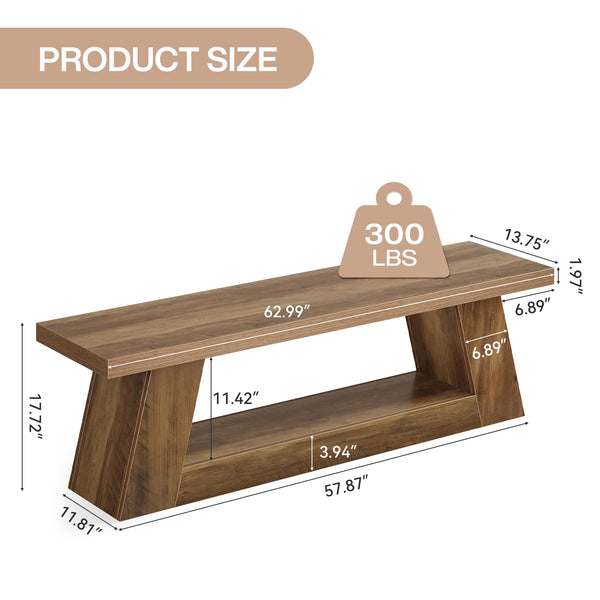 63" Wooden Entryway Bench with Storage Shelf — Farmhouse Hallway Seating