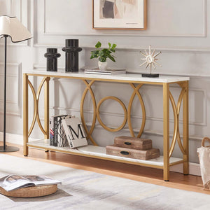 2-Tier Console Table with Faux Marble Top & Metal Frame