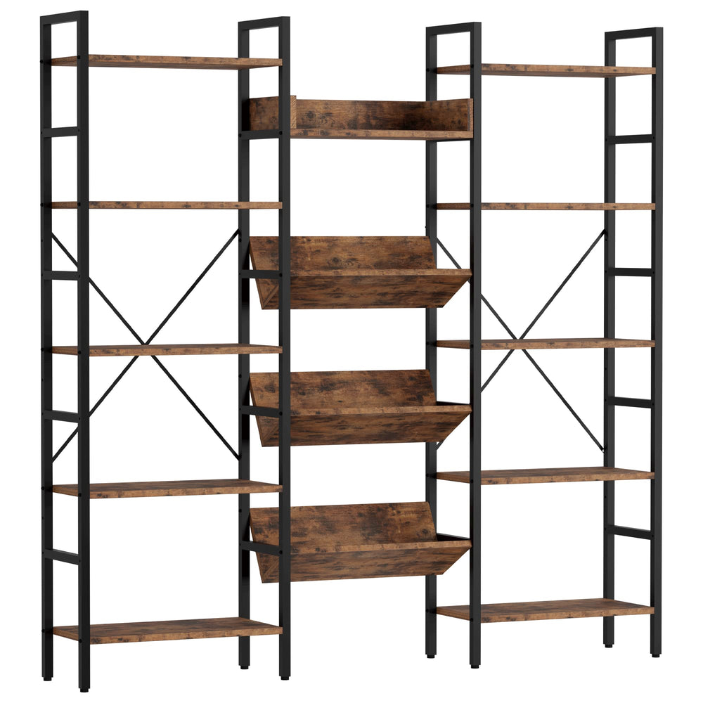 Triple Wide 5-Tier Industrial Bookshelf with Metal Frame