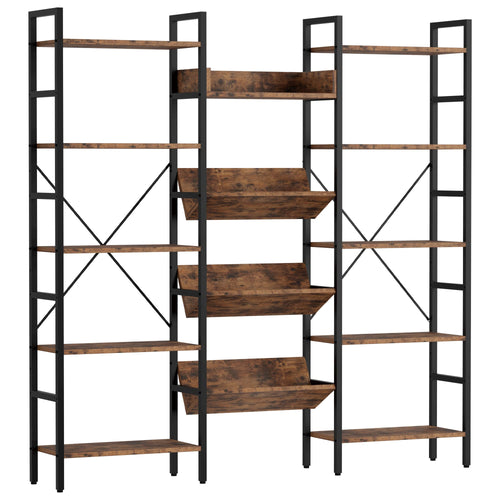 Triple Wide 5-Tier Industrial Bookshelf with Metal Frame