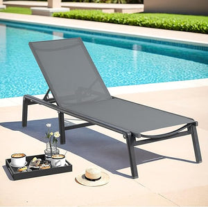 Folding Aluminum Outdoor Chaise Lounge Chair with 5-Position Adjustable Backrest