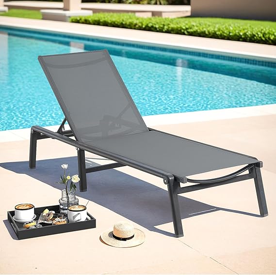 Folding Aluminum Outdoor Chaise Lounge Chair with 5-Position Adjustable Backrest