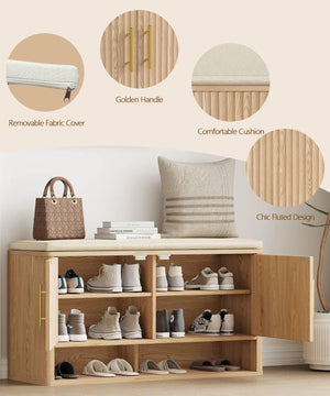 Fluted Shoe Storage Bench with Cushion — Natural Oak