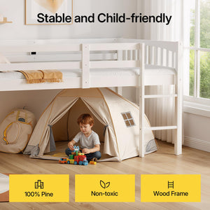 Kids Low Loft Bed Full Size - Solid Wood with LED Lights & USB Ports