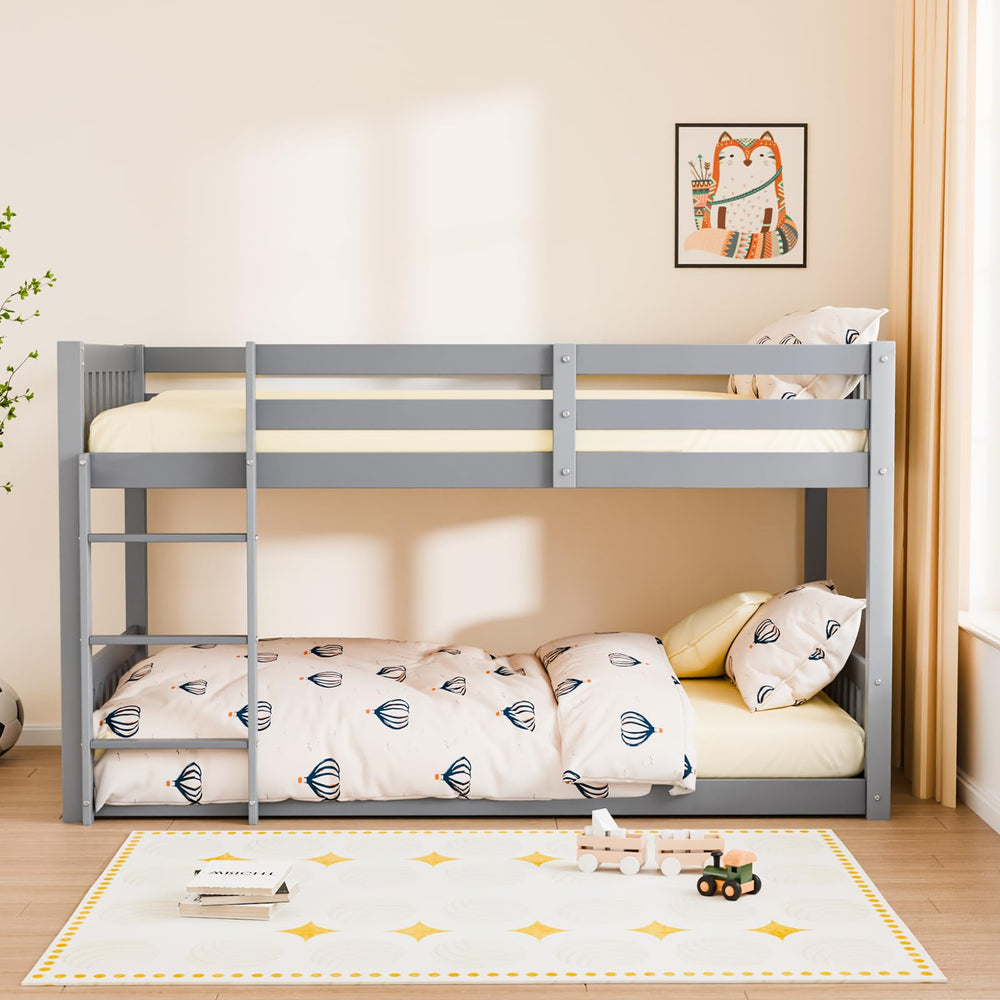 Low Twin Over Twin Bunk Bed with Guardrails & Ladder