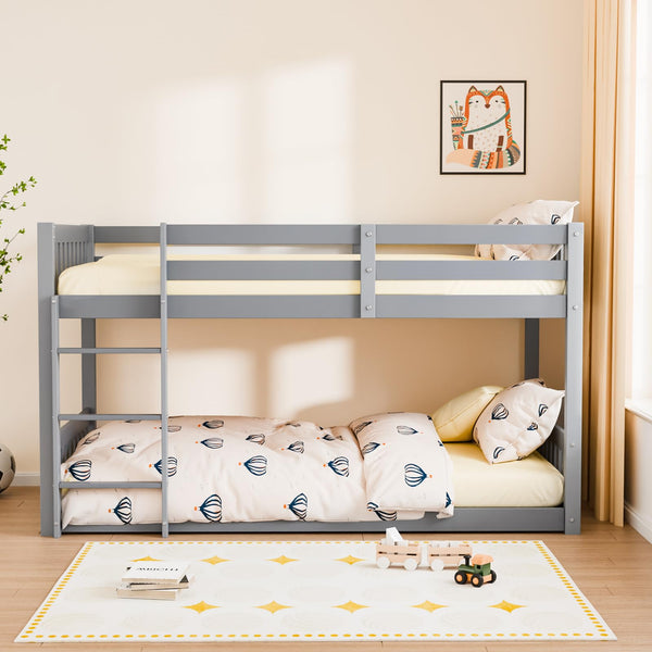 Low Twin Over Twin Bunk Bed with Guardrails & Ladder