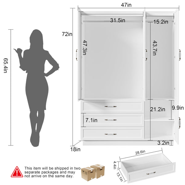 72" Wardrobe Armoire with LED Light & 3 Drawers