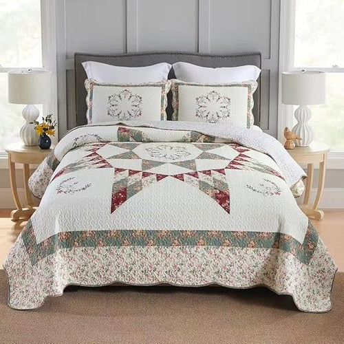Floral Patchwork Cotton Quilt Set – 3-Piece Reversible Bedding Coverlet