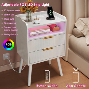 Fluted Nightstand with Charging Station & LED