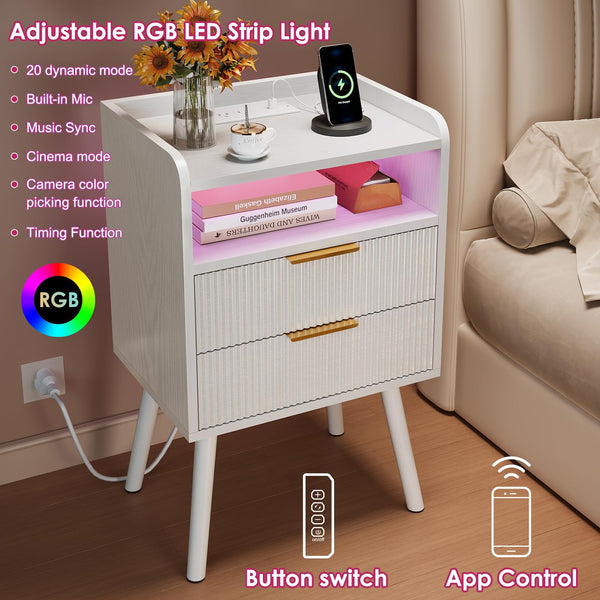 Fluted Nightstand with Charging Station & LED