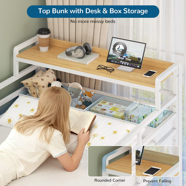 Triple Bunk Bed Twin Size with LED Lights, Charging Station & Storage Drawers