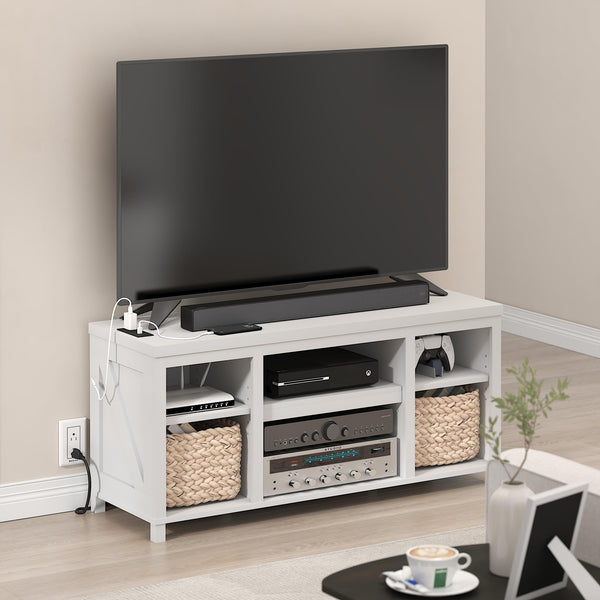 3-Tier Farmhouse TV Stand with USB Ports & Power Outlets
