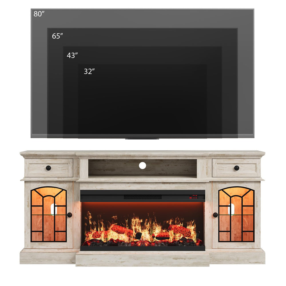 70" Electric Fireplace TV Stand with 3-Sided Glass Insert, Storage Cabinets & Open Shelf