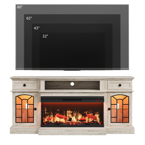 70" Electric Fireplace TV Stand with 3-Sided Glass Insert, Storage Cabinets & Open Shelf