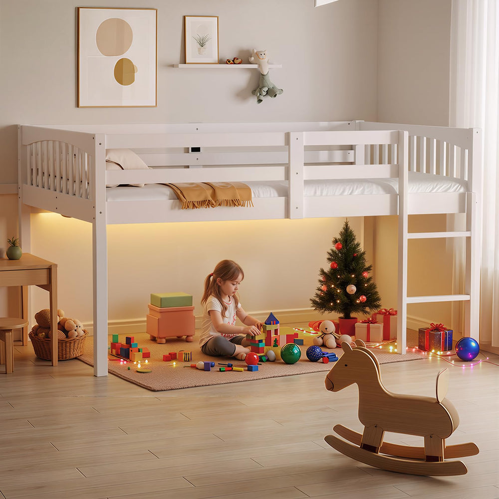 Kids Low Loft Bed Full Size - Solid Wood with LED Lights & USB Ports