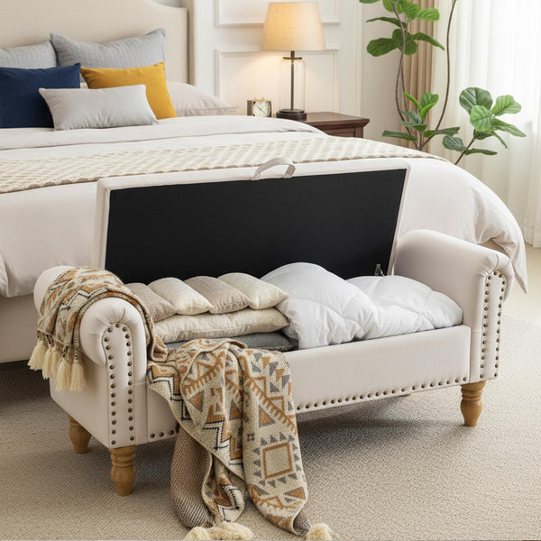 Upholstered Storage Bench with Rolled Arms – 51.5"